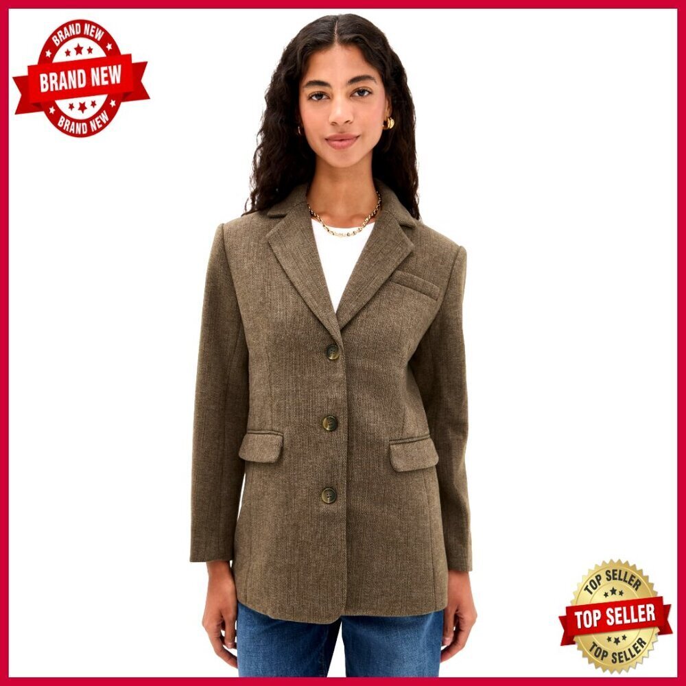 Regular Fit Wool Blend Blazer with Notch Collar and Button Cuffs